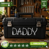 Custom white vinyl decal of the Daddy tools design applied to a black plastic toolbox, ideal for garage organization and DIY gift ideas for men.