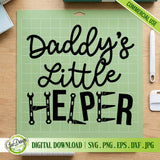 The 'Daddy's Little Helper' vinyl cut design, made from the included SVG and DXF files, is perfectly layered and prepared for application on a green cutting mat with a grid pattern. This high-quality, easy-to-weed vector design is optimized for precise cutting with machines like Cricut and Silhouette, allowing crafters to quickly and efficiently produce professional-looking products for their customers. The digital download bundle includes multiple