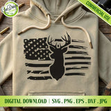 Black deer head silhouette on distressed American flag printed on a tan hoodie mockup