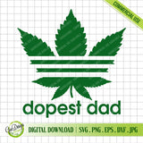 A high-quality digital design of a marijuana leaf parody with three horizontal stripes and the text 'dopest dad' in green, ideal for Cricut and Silhouette cutting machines.