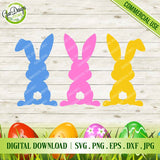 3 colorful Easter bunny silhouettes in blue pink and yellow with fluffy tails for vinyl cutting