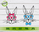 illustrative/graphic preview showing two black line art bunny faces with glasses: one (female) with pink glasses and a pink polka dot head bow, and another (male) with blue glasses and a blue polka dot bowtie; set on a chalkboard frame against an Easter decor background with eggs and pussy willow