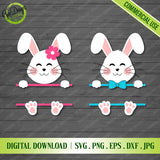 Digital design preview of the Easter Bunny split monogram SVG cut files on a black background, showing teal and pink frame options with bow ties and flowers - GaoDesigns