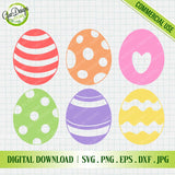 Digital file preview showing all individual colorful patterned Easter egg designs included in the bundle
