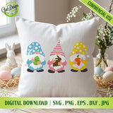 Cute Easter gnomes with pastel hats and bunny ears printed on a white decorative throw pillow - GaoDesigns