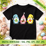 Main preview of three cute Easter gnomes holding an egg, chocolate bunny, and carrot on a black kids t-shirt surrounded by Easter eggs - GaoDesigns