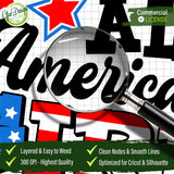 A close-up view through a magnifying glass highlighting the clean nodes, smooth cut paths, and layered design features of the high-resolution patriotic download for clean vinyl weeding.
