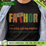 Vintage Father SVG design with Thor hammer on black shirt mockup, funny dad quote like a dad just way mightier, Cricut cutting file