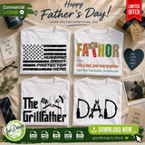 Professional t-shirt mockups showcasing popular Father's Day designs including 'Fathor', 'The Grillfather', and patriotic themes to help POD sellers and crafters visualize finished products.