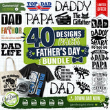 A comprehensive Father's Day SVG bundle featuring 40 unique designs pack including funny quotes, fishing themes, and tool-inspired typography displayed on t-shirts and mugs for DIY crafting inspiration.