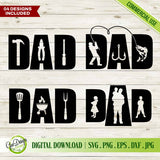Professional vector preview of four Dad designs including a fisherman with a hook, BBQ grill master tools, handyman repair equipment, and a father holding his children, available in SVG, PNG, DXF, and EPS formats.