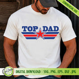 A man wearing a white custom t-shirt with the Top Dad aviator design, showcasing the stylish and masculine look of the Top Gun parody graphic for dads.