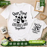 A flat lay mockup showcasing a white adult t-shirt and a baby onesie with the Our First Father's Day Together SVG design featuring beer and baby bottle graphics on a rustic wooden background.