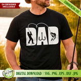 Close-up of a black t-shirt featuring the Dad fishing design with a fisherman and a bass fish. An ideal high-quality cut file for creating custom outdoor apparel using a Cricut machine.