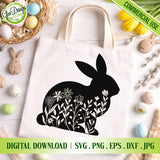Canvas tote bag mockup featuring a white bunny silhouette filled with colorful spring flowers