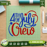  The 4th of July Crew SVG cut file displayed on a green Cricut cutting mat next to vinyl weeding tools, demonstrating how it looks ready for holiday crafting projects.