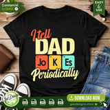 A creative flat lay mockup of a black t-shirt printed with the "I Tell Dad Jokes Periodically" periodic table design, styled with jeans and sneakers on a wooden background. This high-resolution PNG file is perfect for POD sellers creating professional product listings.