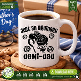 A white ceramic mug printed with the Just An Ordinary Demi-dad SVG, surrounded by cookies and glasses to showcase sublimation gift possibilities for dads.