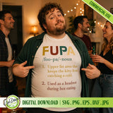 A man at a social gathering pointing to a humorous FUPA definition graphic on his shirt, showing a lifestyle application of the digital download.