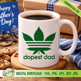 A white ceramic coffee mug printed with the Dopest Dad cannabis leaf design sitting next to a Father's Day card, perfect for sublimation printing projects.