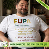 A man sitting on a couch wearing a white t-shirt with a funny FUPA dictionary definition design, ideal for sarcastic gift ideas.