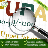 Close-up technical view of the FUPA digital design through a magnifying glass, highlighting clean nodes, 300 DPI quality, and easy-to-weed layers for vinyl cutting.