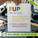 A hand holding a printed transparency film of the FUPA definition design over a grey shirt, demonstrating the SVG file for Cricut and Silhouette projects.