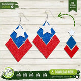  Modern geometric patriotic earring template featuring a white star on blue and red diamond shapes for 4th of July accessories.