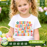  A smiling young girl wearing a white t-shirt with a groovy vintage Father's Day design, demonstrating how the digital SVG file looks on real-life children's clothing for family-themed craft business owners.