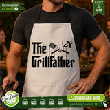 Close-up of a white cooking apron with The Grillfather vector design printed on it, showing a practical application for grill masters and backyard BBQ enthusiasts.