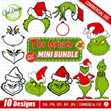 Grinch Christmas mini bundle SVG PNG with 10 designs including faces, ornaments and Santa hat elements for Cricut and sublimation