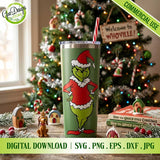 Grinch Christmas tumbler SVG design mockup featuring full body Grinch in Santa outfit, perfect for sublimation and holiday gifts