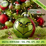 Grinch face SVG design on Christmas ornament mockup, funny holiday decor file for Cricut, sublimation and DIY gifts
