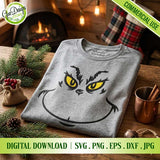 Grinch face SVG Christmas shirt design on gray t-shirt mockup, minimalist funny holiday graphic for Cricut and print