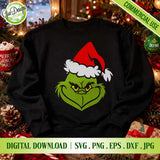 Grinch face with Santa hat SVG design on black sweatshirt mockup, festive Christmas graphic for sublimation and apparel