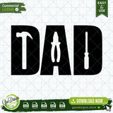 A clear black and white preview of the Handyman Dad digital design with tool-shaped letters on a professional grid background, ideal for sublimation, DTG printing, and laser engraving projects.