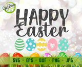 Digital file preview of the Happy Easter SVG bundle, displaying the bright design on a white wooden background with format icons for SVG, PNG, EPS, and DXF