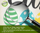 Close-up detail of the Happy Easter patterned eggs SVG file under a magnifying glass, highlighting the professional clean cut lines and smooth vector nodes of the typography and egg patterns