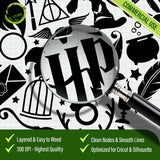 Close-up magnifying glass view of the Harry Potter Heart SVG design, highlighting the clean lines, smooth nodes for Cricut cutting, and high-resolution 300 DPI details of the wizard symbols.