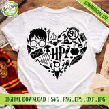 Harry Potter Heart SVG PNG listing cover showing a heart-shaped silhouette composed of wizarding symbols on a white t-shirt mockup and a wood background display. Text includes "Harry Potter Heart SVG", "SVG, PNG, EPS, DXF, JPG", and "Commercial Use".