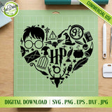 Harry Potter SVG design heart shape with iconic elements like glasses, lightning bolt, Platform 9 3/4, wand, owl, deer Patronus and Hogwarts symbols on green cutting mat background, digital download file