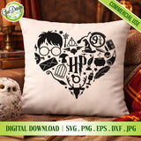 Square white pillow mockup showcasing the "Harry Potter Heart" design made of iconic symbols, styled with an owl figurine, old vintage books, and a wand on a cozy couch background.