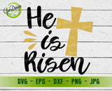 Flat digital preview of the He Is Risen SVG and PNG file showing the golden cross and black text