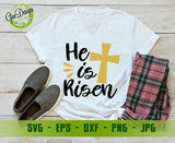 Christian Easter shirt mockup with "He is Risen" design and a golden cross on a white v-neck t-shirt