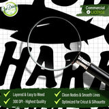 A close-up view through a magnifying glass of the Daddy Shark SVG, emphasizing its clean nodes, smooth lines, and 300 DPI high-resolution quality, ensuring a frustration-free weeding experience for Silhouette and Cricut users.