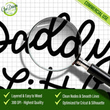 A detailed close-up shot with a magnifying glass inspection of the 'Daddy's Little Helper' SVG cut file design on a grid paper background. The high-resolution 300 DPI image shows perfectly smooth lines and clean vector nodes, ensuring a high-quality finished product. Features highlighted below include 'Layered & Easy to Weed,' '300 DPI - Highest Quality,' 'Clean Nodes & Smooth Lines,' and 'Optimized for Cricut & Silhouette,' guaranteeing 