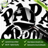Close-up of Papa Bear SVG design highlighting 300 DPI high resolution, clean nodes, and smooth lines for easy weeding and professional printing.