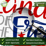 Close-up view through a magnifying glass of the Land of the Free design, emphasizing high-quality 300 DPI resolution, clean nodes, and smooth lines. Text on screen confirms the file is layered, easy to weed, and optimized for professional crafting tools.