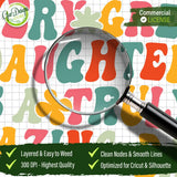 A close-up view through a magnifying glass showing the clean nodes and smooth paths of the retro typography, emphasizing the 300 DPI high-quality resolution of the digital download for professional printing results.