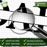 A magnifying glass highlighting the smooth lines and clean nodes of the Dad split monogram SVG, showing 300 DPI high-quality resolution for easy weeding.